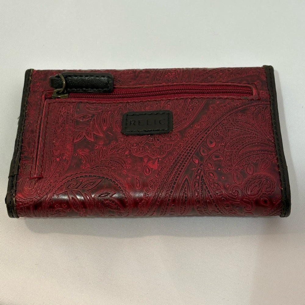 Relic Women’s trifold wallet embossed paisley print red faux leather black trim